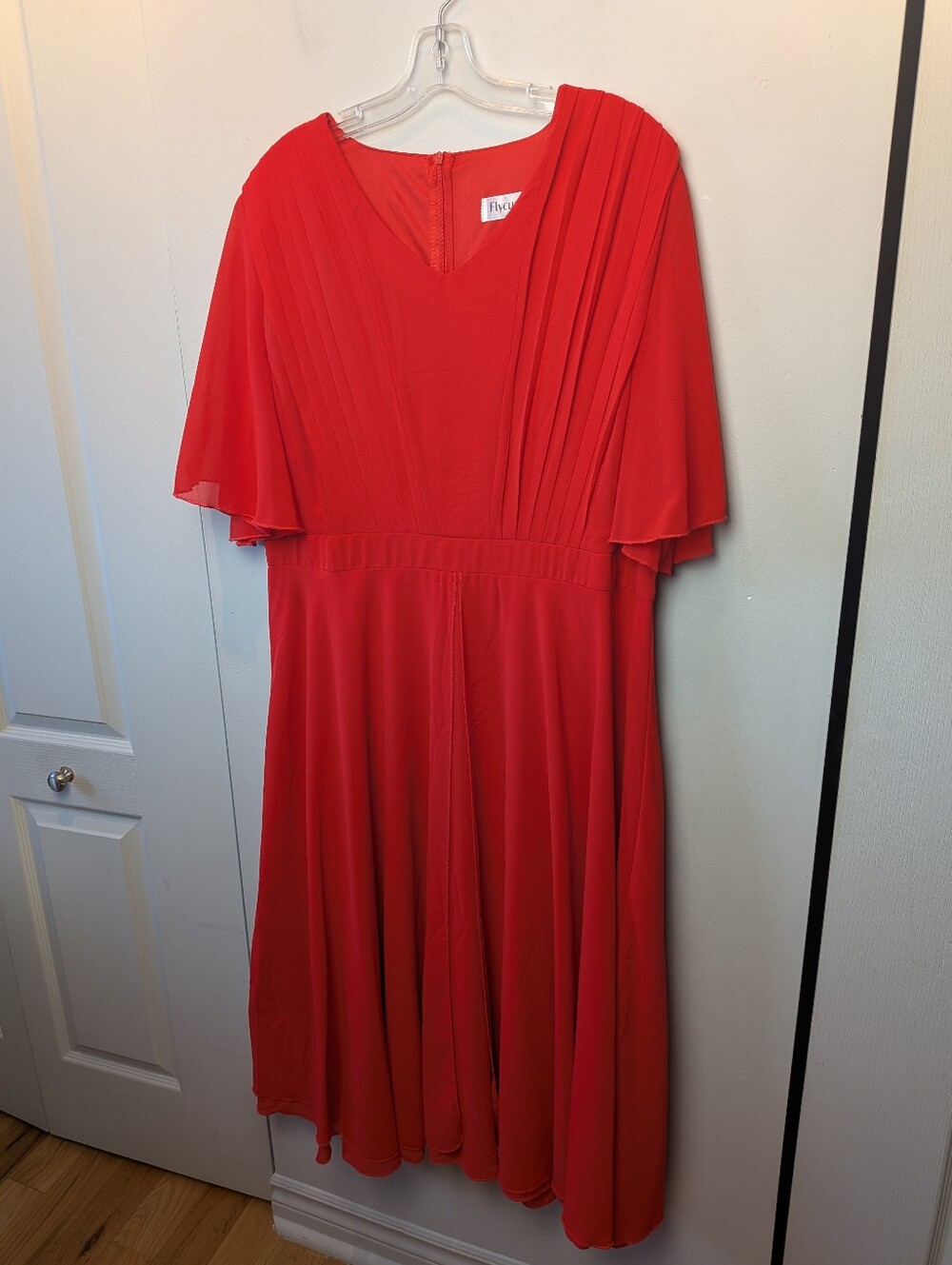 FLYCURVY Plus Size Midi Dress Red Color Zipper Closure 2XL Formal Wedding Wear